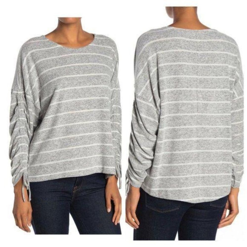 ALKAMY Striped Gathered Drawstring Sleeve Sweater